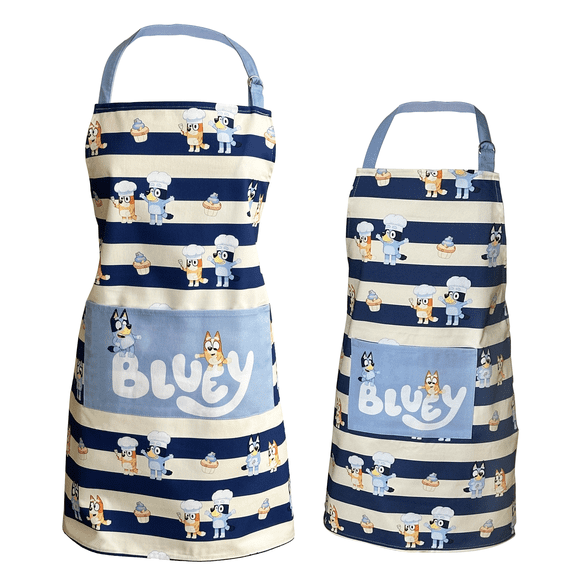 Handstand Kitchen Bluey and Bingo 100% Cotton Blue Stripe Print Patch Pocket Adult and Child Apron Set