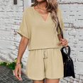 thumbnail image 4 of Riforla Women Summer Solid Color Long Sleeve Shorts Conditioning Fashion Casual Home Service Two Piece Set Elegant Women's Sets Khaki L, 4 of 7