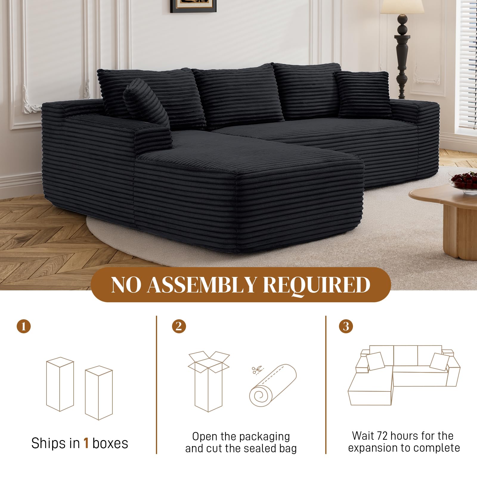 Aukfa 95" L-Shaped Cloud Sectional, Left Chaise, Black photo 8