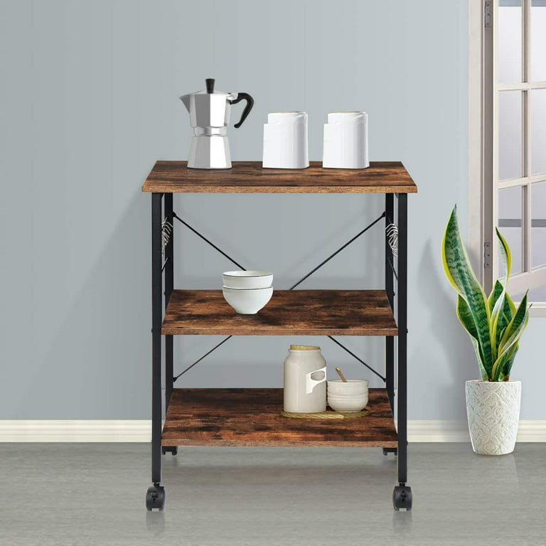 Hencawima Coffee Bar Cabinet, 3 Tier Coffee Station Table on Wheels, 35.9  H Bar Cart with Wire Basket Drawer & 5 Hooks for Home Kitchen, Liquor