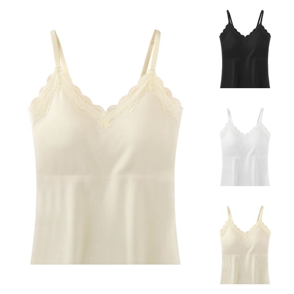 Women's Lace Trim Spaghetti Strap Camisole with Built-in Bra, Lightly Padded Ribbed Crop Top for Layering Under Blouses and Casual Summer Outfits-Beige