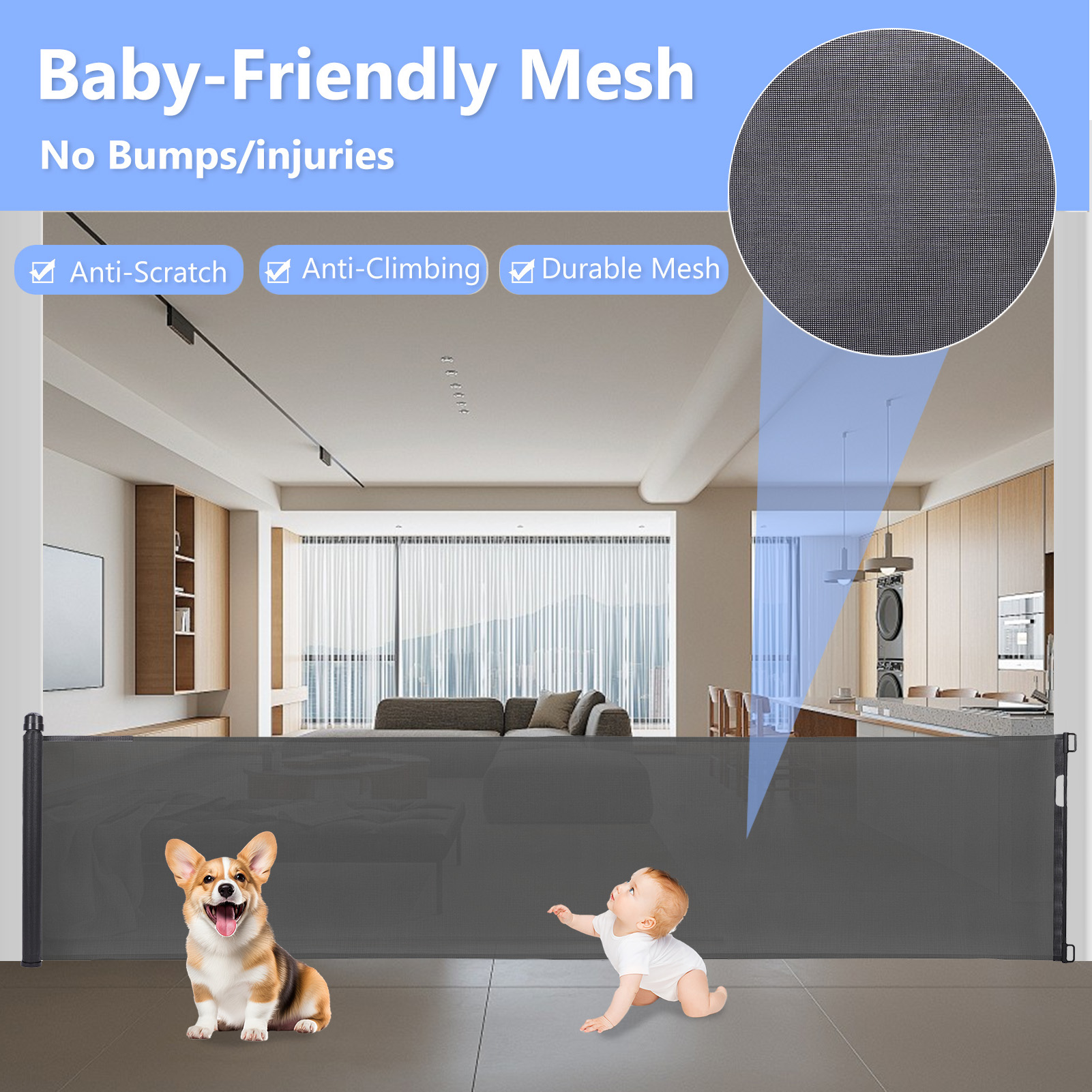 Retractable Baby Gate 35"x138" Extra Wide Mesh Dog Gate Child Safety Gate for Doorways, Indoor Outdoor Stairs, Black