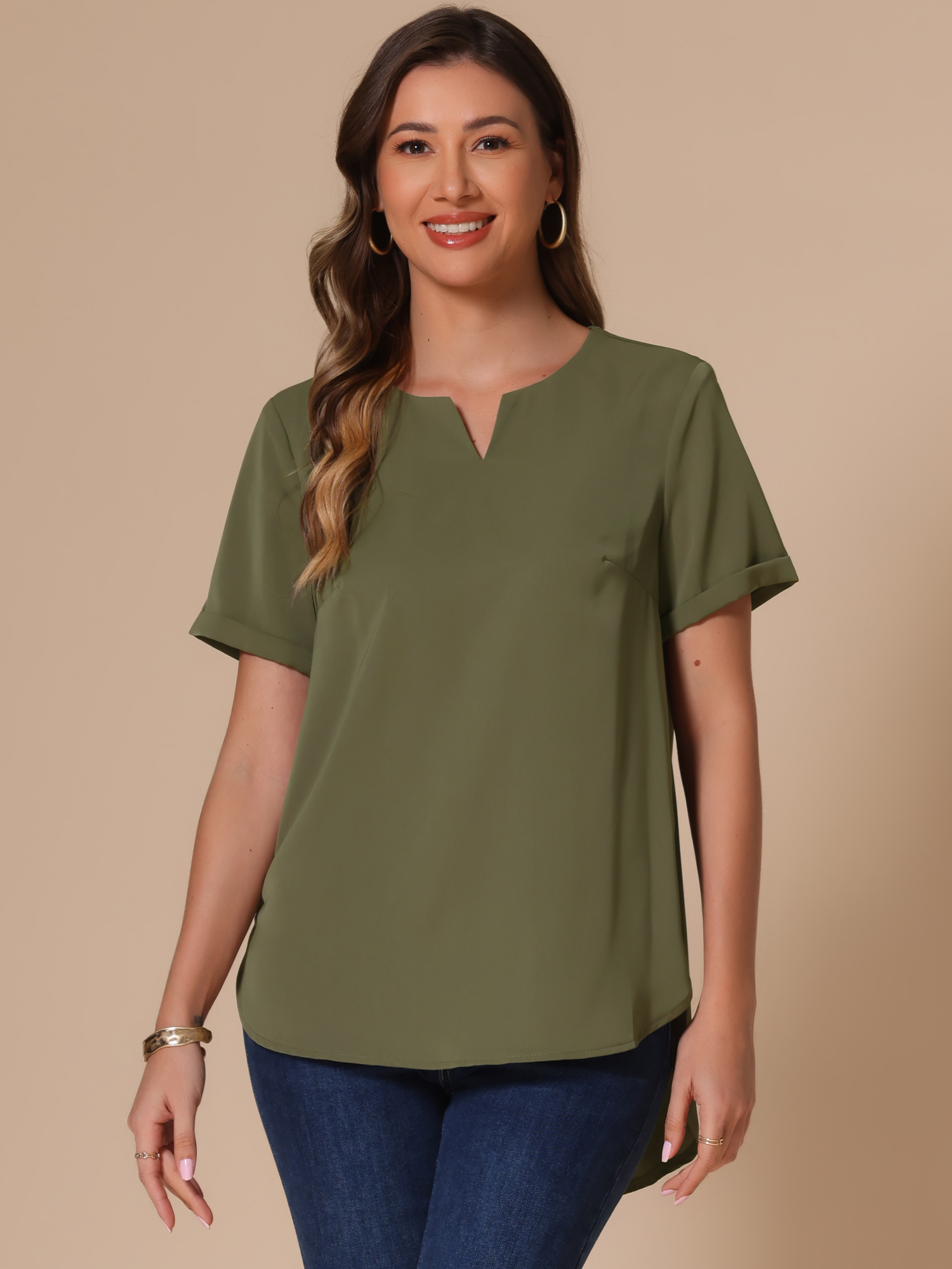 DARING DIVA Women's Loose Fit Dressy Curved Hem Casual Tunic Top Army Green S