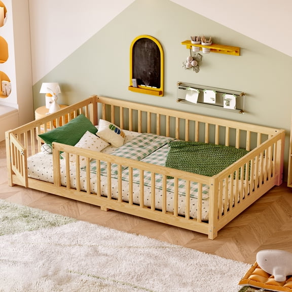 Full Size Bed Floor Bed with Safety Guardrails and Door for , Natural(Old SKU: W1580P154627)