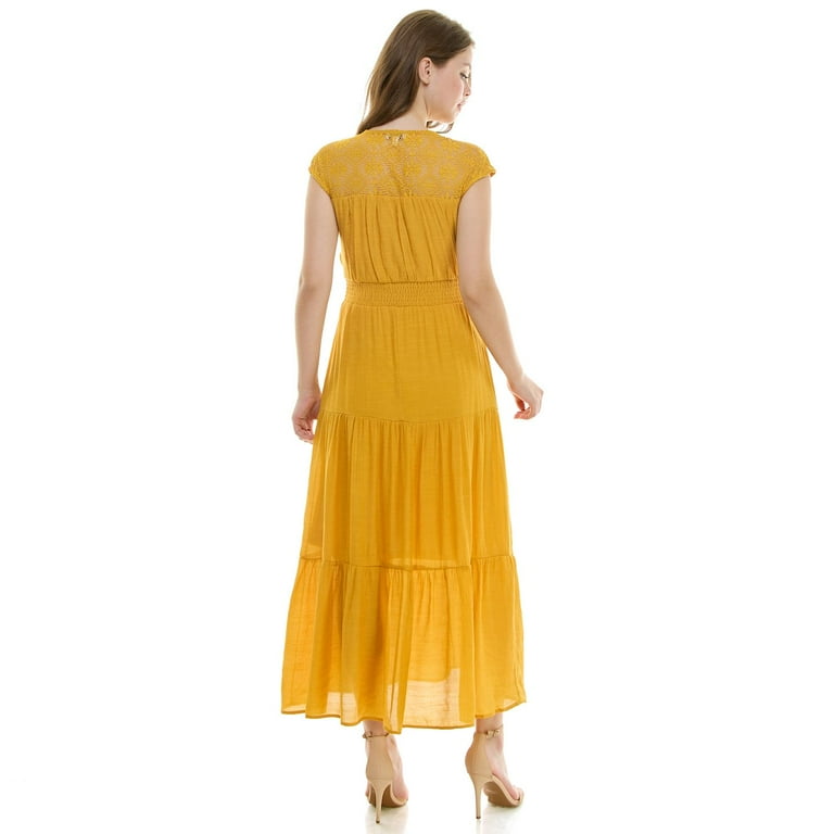Women's Luxology Gauze Smocked Waist Maxi Dress Color: Mustard Size: LARGE  - Walmart.com
