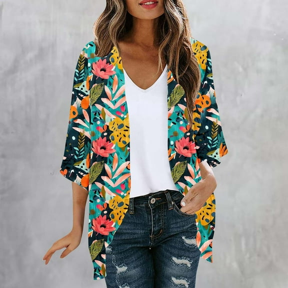 BEFOKA Women's Cardigan Mesh Open Front Top 3/4 Puff Sleeve Floral Print Womens Loose Cover Up Casual Blouse Tops Chiffon Lightweights Long Shawl Tops Sun Protection Summer Tops S-XXL ﻿
