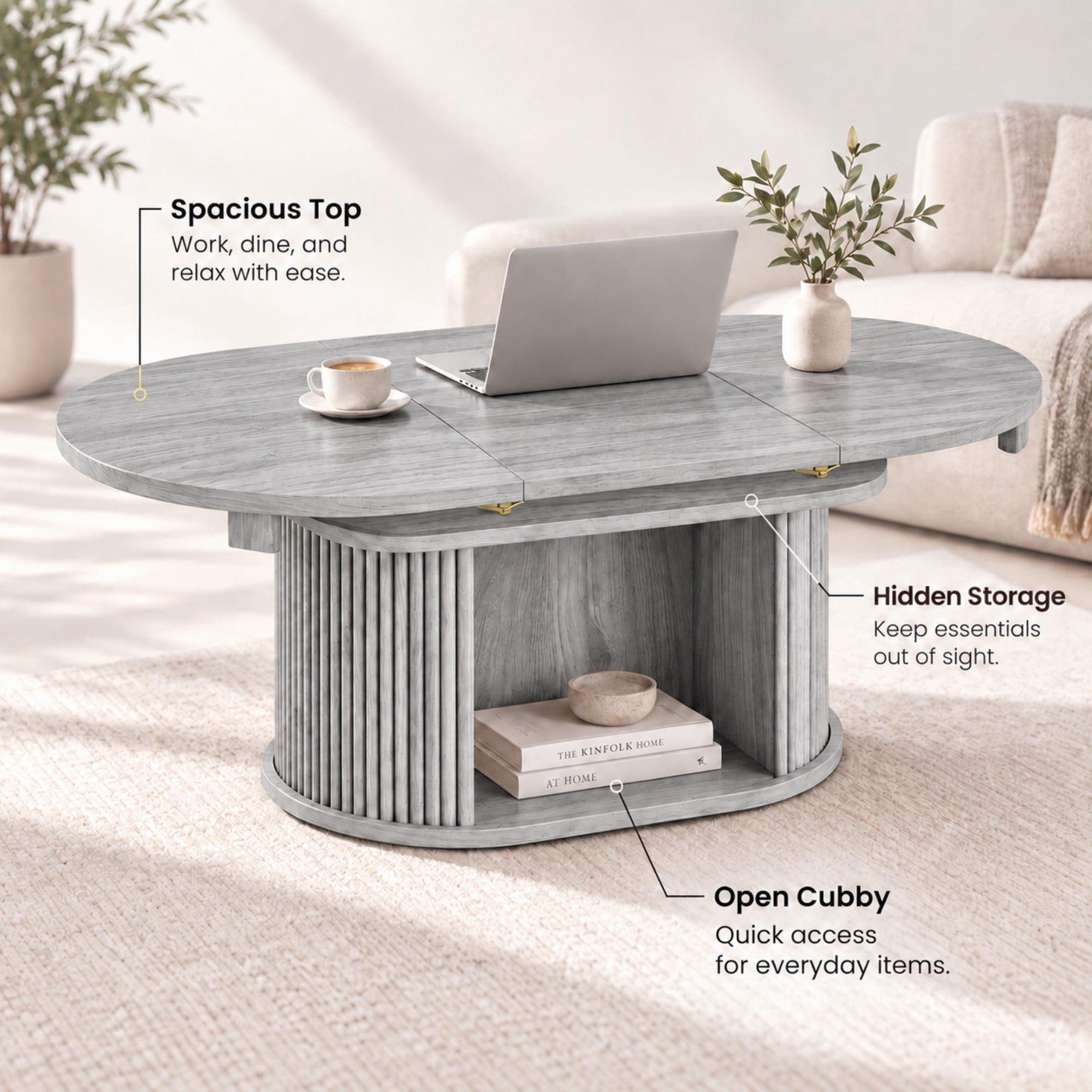 Lacoo Extendable Oval Coffee Table with Storage, Fluted Base with Cubby for Living Room, Den, Gray