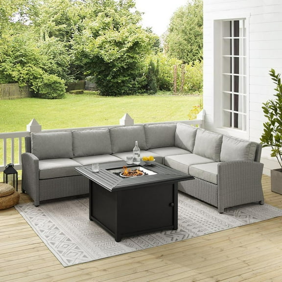 Crosley Bradenton 5 Piece Wicker Sectional Set with Fire Table in Gray