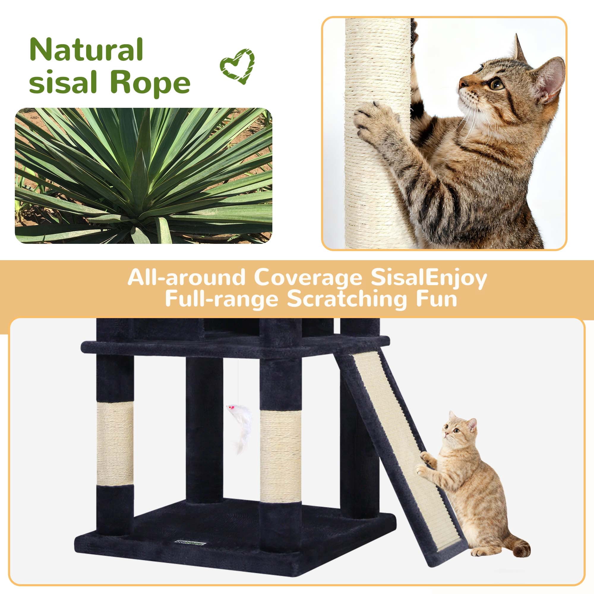 Globlazer 80'' Multi-Level Large Cat Tree Tower for Large Cats with 2 Condos, 2 Hammocks, 3 Perches & Sisal Scratching Posts, Dark Grey