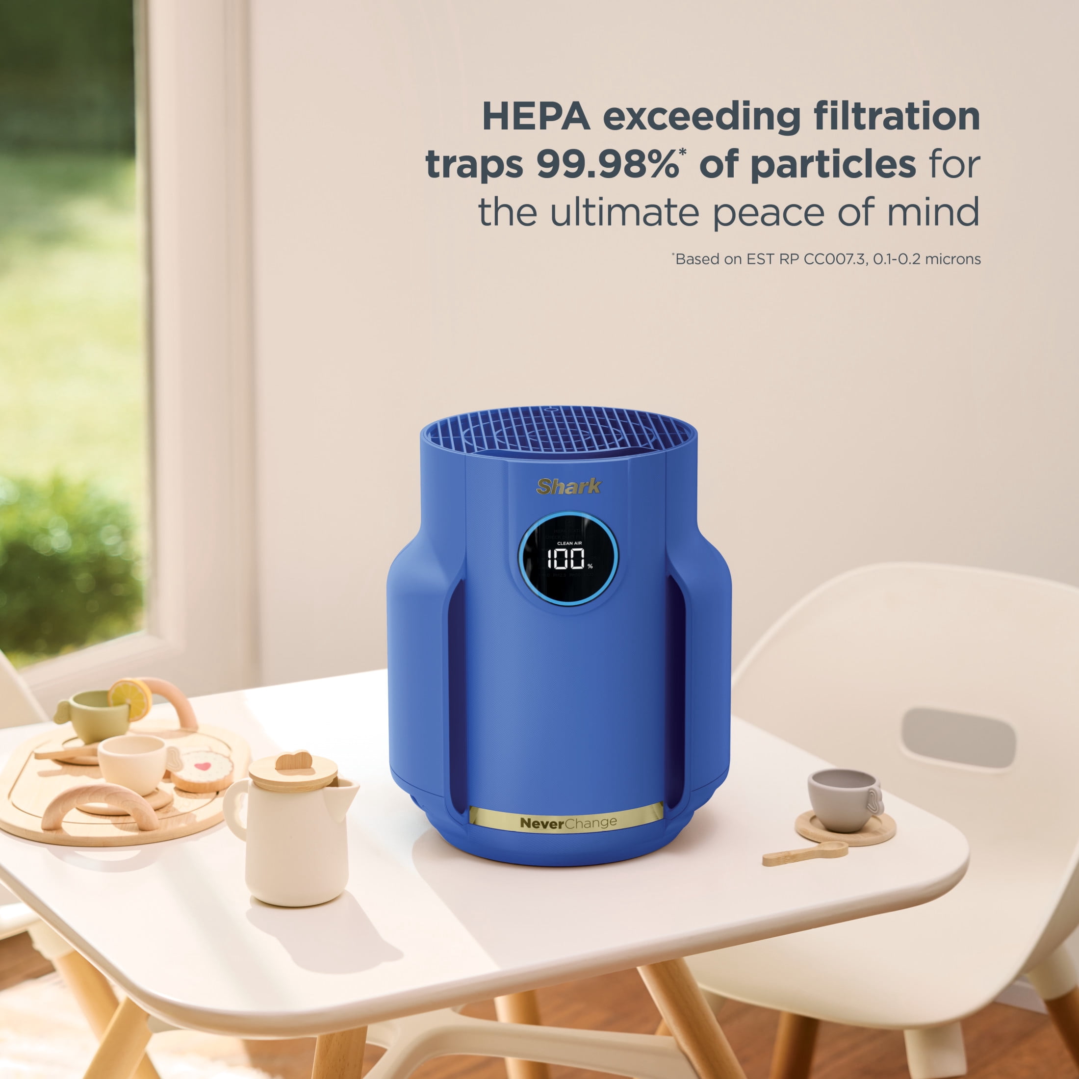 Shark NeverChange Compact Pro 250 Sq. Ft. HEPA Air Purifier, 5-Year HEPA-Exceeding Filter, Captures Pollutants, Pet Dander, Dust, and Smoke, HP070BL Blue