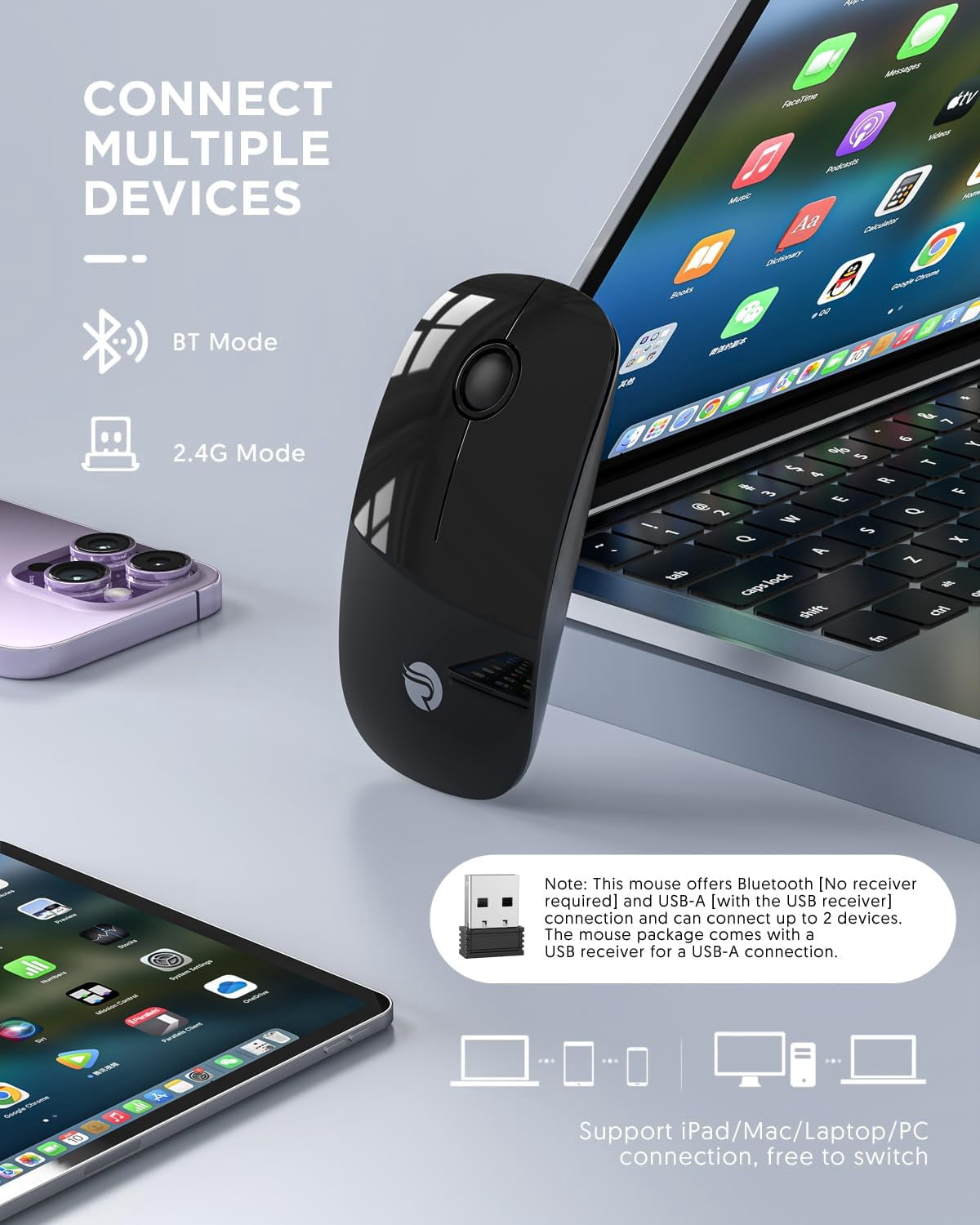 Bluetooth Wireless - (BT5.1+USB) Slim Dual Mode Computer Mice with Quiet Click, Low Power, and 1600 DPI, Portable for MacBook, Laptop, iPad Pro/Air, Surface Pro (Black)