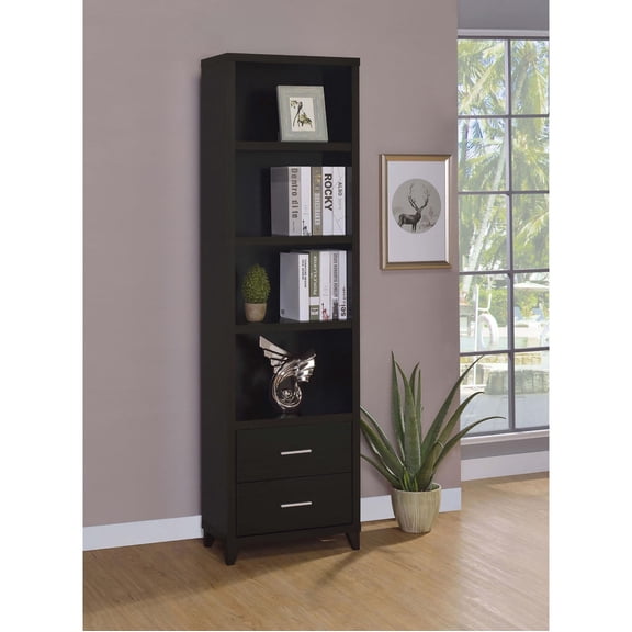 Cappuccino Media Tower - 76" Tall Bookcase with 4 Shelves & 2 Drawers, Silver Hardware