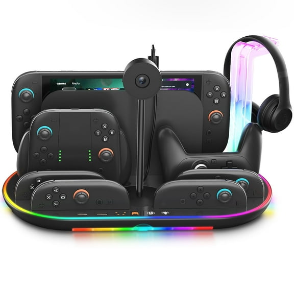 Charging Station for Switch 2 with Cooling Fan, Controller Charger for JoyCons and Pro Dock Stand with RGB Light 2 USB Ports 7 Game Card Slots LED Indicators(Black)