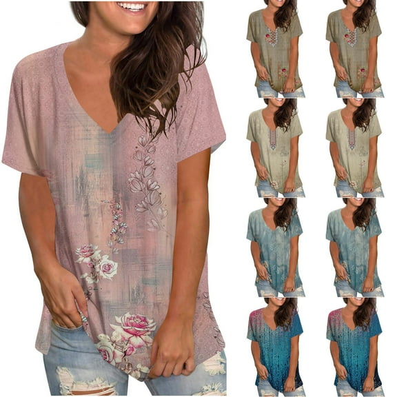 Fesfesfes Tees Womens Fashion Printing Casual V-Neck Short Sleeve Loose T-shirt Tops Dressy Tops for Women S(US:4)