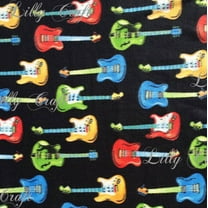 Lilly Craft Guitars on Black Print Fleece Anti-Pill FABRIC 58-60" Wide Sold by the Yard