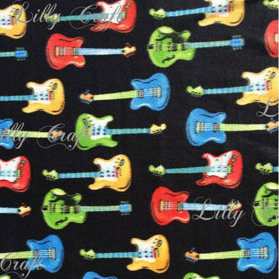 Lilly Craft Guitars on Black Print Fleece Anti-Pill FABRIC 58-60" Wide Sold by the Yard