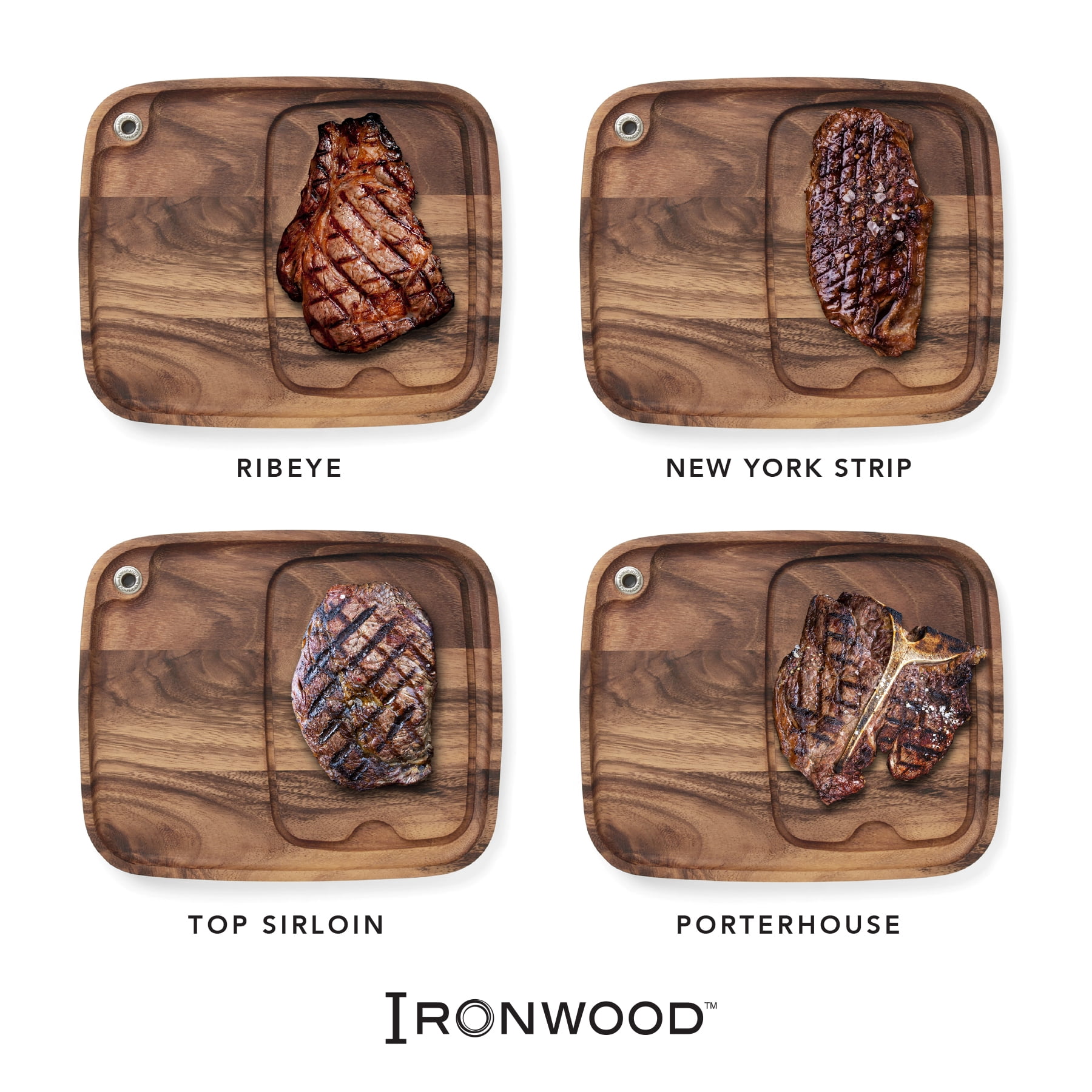 Ironwood Gourmet Fort Worth Steak Plate with Juice Channel, Acacia Wood, 11" x 13" x 0.75" Steak Cutting Board