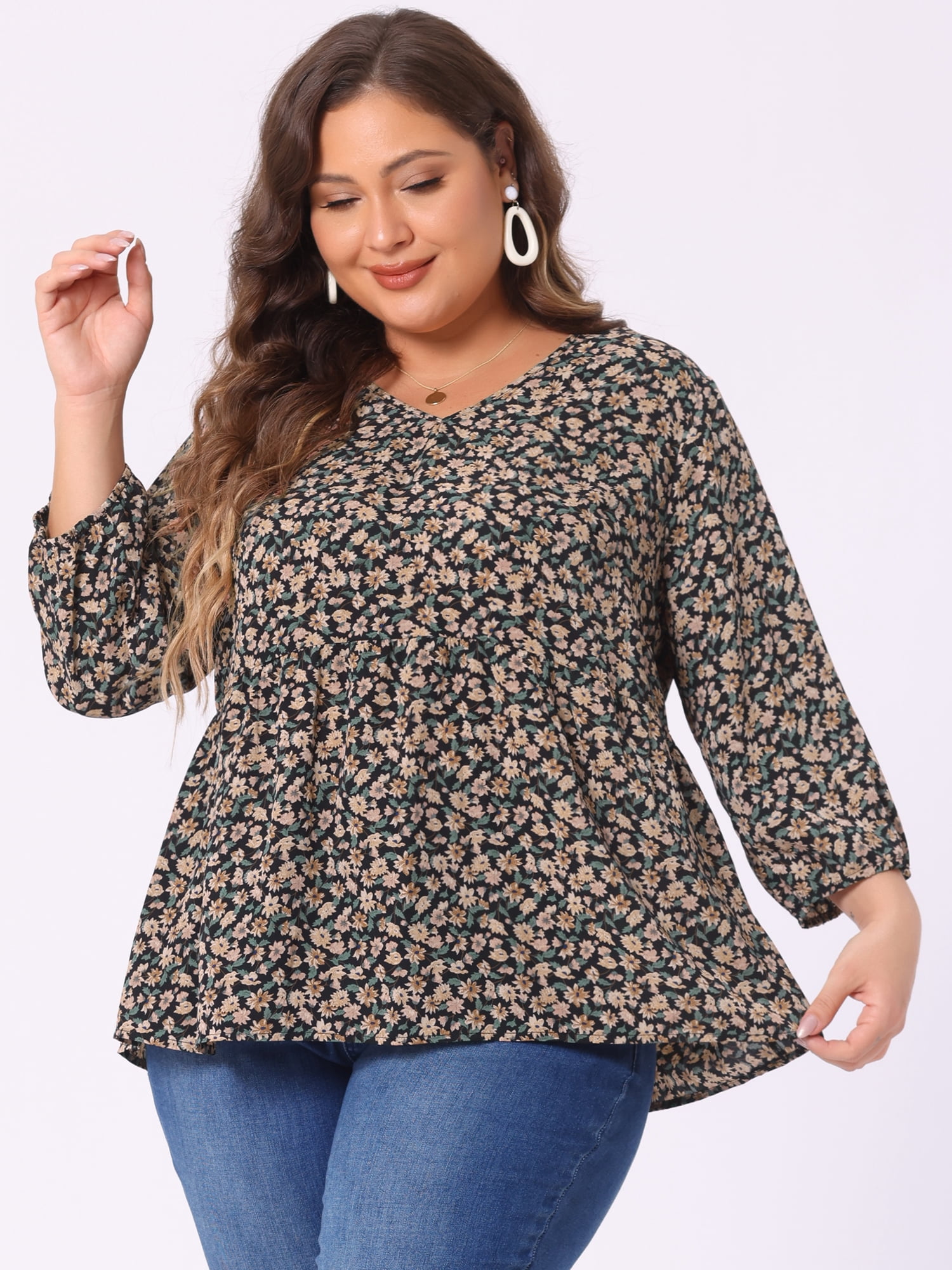 Unique Bargains Women's Plus Size V Neck Flowy 3/4 Sleeve Floral Blouse 3X Black Orange