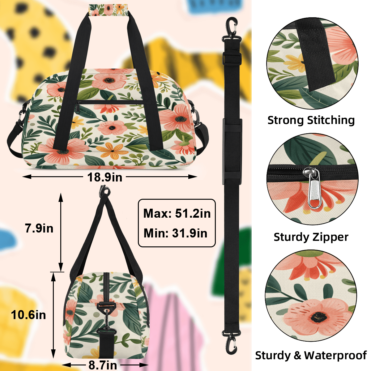 Herdesigns Floral Colorful Sports Duffle Bag for Women & Men, Wildflower Pink Gym Bag Dance Bag Overnight Bag Carry On Weekender Travel Bag