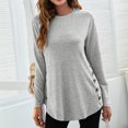 thumbnail image 2 of Blusa de algodón gris de manga larga, corte holgado, cuello redondo, color puro, detalle de botones - Talla S, 2 of 6