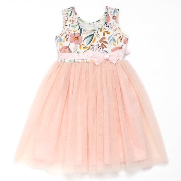 NIPAXO Girls Summer Dress Watercolor Floral Knit Top Voluminous Tulle Tutu Skirted Outfit with Adjustable Back Satin Bow Sleeveless Party Dresses for Toddler Little Kids Age 4-5 Years