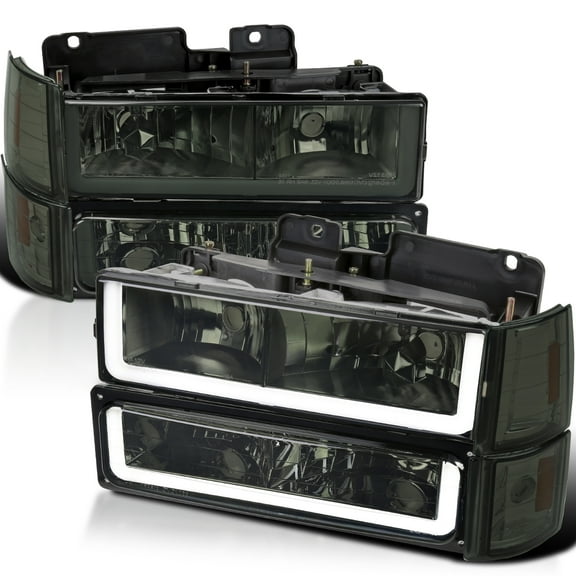 Spec-D Tuning Smoke LED Bar Headlights   Bumper Lights   Corner Lights Compatible with 1994-1998 GMC C10 C/K Suburban Sierra, Left   Right Pair Headlamps Assembly