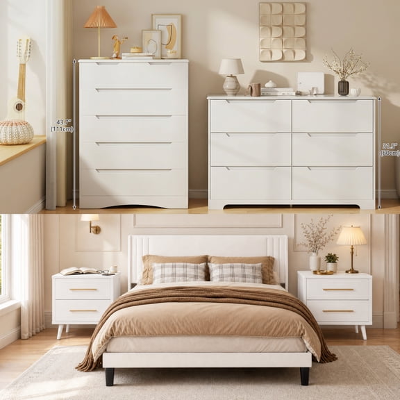Bedroom Furniture Sets, Asofer 2 Nightstands, 2 6-Drawer Dressers, Queen Bed Frame, White