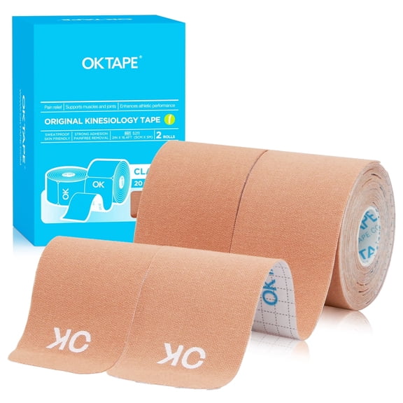 OK TAPE Precut Kinesiology Tape Athletic Tape,20 Count, 2in x 16ft, Latex Free Elastic Bandage,2Roll,Beige