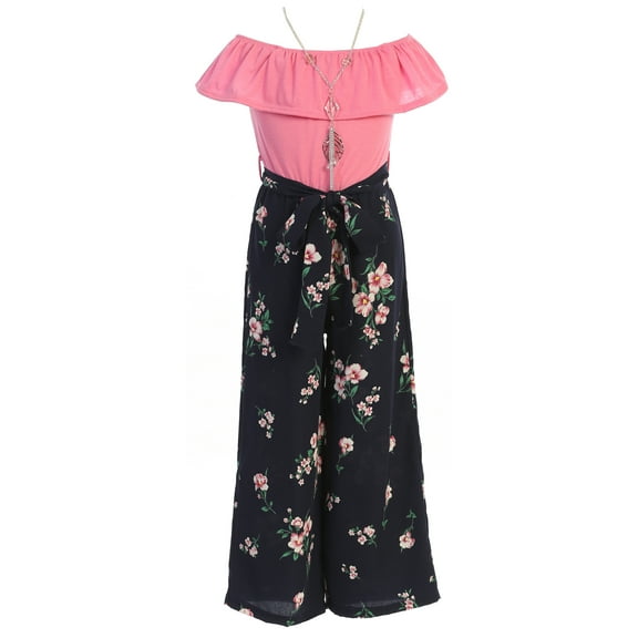 Little Girls Sleeveless Off Shoulder Jumpsuit Ruffle Floral Summer Romper Jumpsuit Pink 6 (2J1KS91)