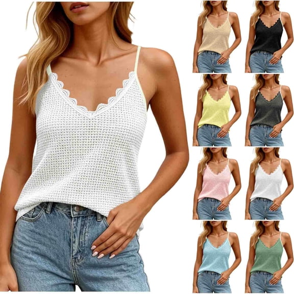 VBVC Women's Waffle Lace Trim Tank Top , Ladies' Scalloped V Neck Adjustable Strap Blouse , Summer Layering Camisole For Women,Beige,S-2XL