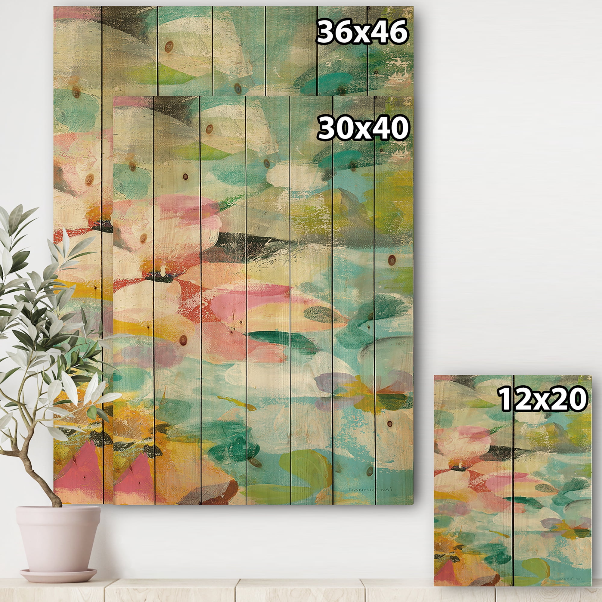 Designart 'Handpainted Abstract Flowers in Blue and Pink' Cabin & Lodge Print on Natural Pine Wood