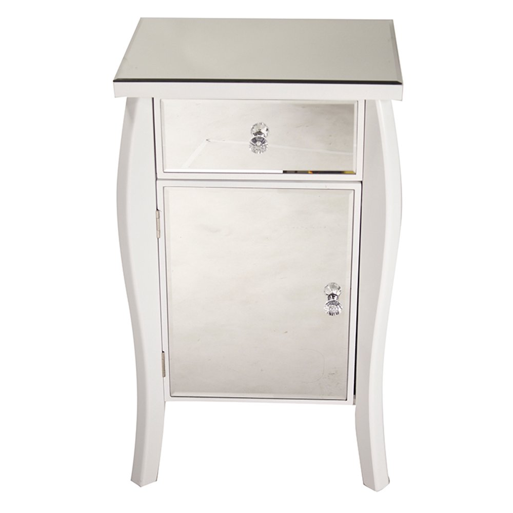30.45' White Wood Tall Accent with a Mirrored Glass Drawer and