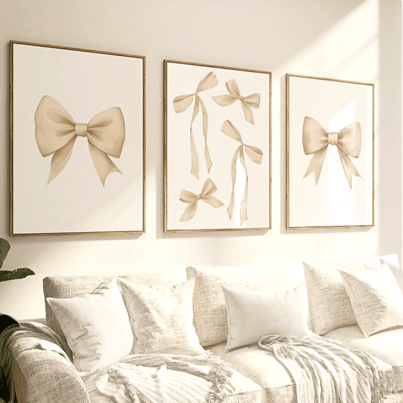 3pcs Beige Bow Pastel Poster Canvas Print Wall Art for Apartment Living Room Bedroom Decoration Thanksgiving Day Gifts