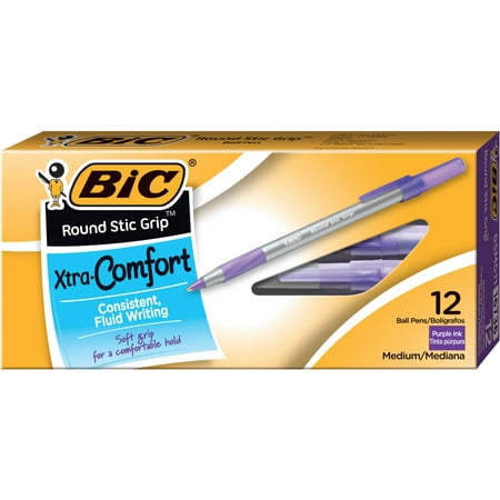 BIC Round Stic Grip Xtra Comfort Ballpoint Pen, Purple Ink, 1.2mm, Medium, Dozen