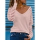 thumbnail image 2 of Camiseta de manga larga a rayas con cuello en V transparente Color puro Poliéster Moda Top simple para mujer Rosa XL, 2 of 5