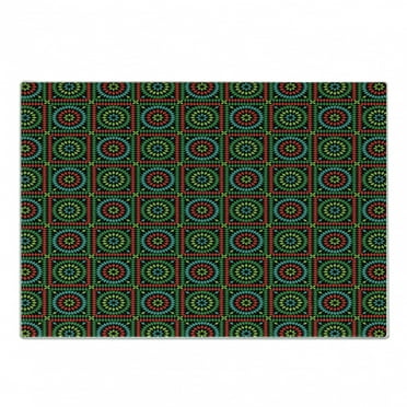 Afghan Cutting Board, Colorful Rhombuses in Bullseye Circles and Checkered Squares Pattern Mosaic Motif, Decorative Tempered Glass Cutting and Serving Board, Small Size, Multicolor, by Ambesonne