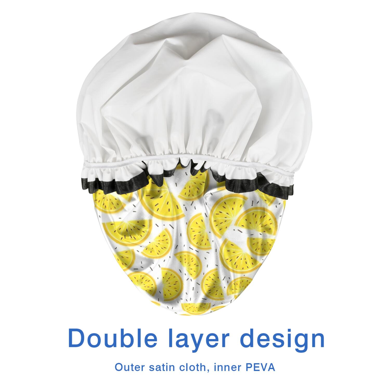 Shower Caps,Yellow Lemon Fruit Slices White Pattern Waterproof Shower Cap for Women 4 Pieces,Double Reusable Hair Cover for Shower PEVA Elastic Stretch Hem