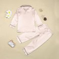 thumbnail image 3 of Boys Pajamas Fall Winter Kids Satin Long Sleeve Solid Button Down Shirt Tops Long Pants Baby Girls Outfits Beige 5 Years-6 Years, 3 of 5