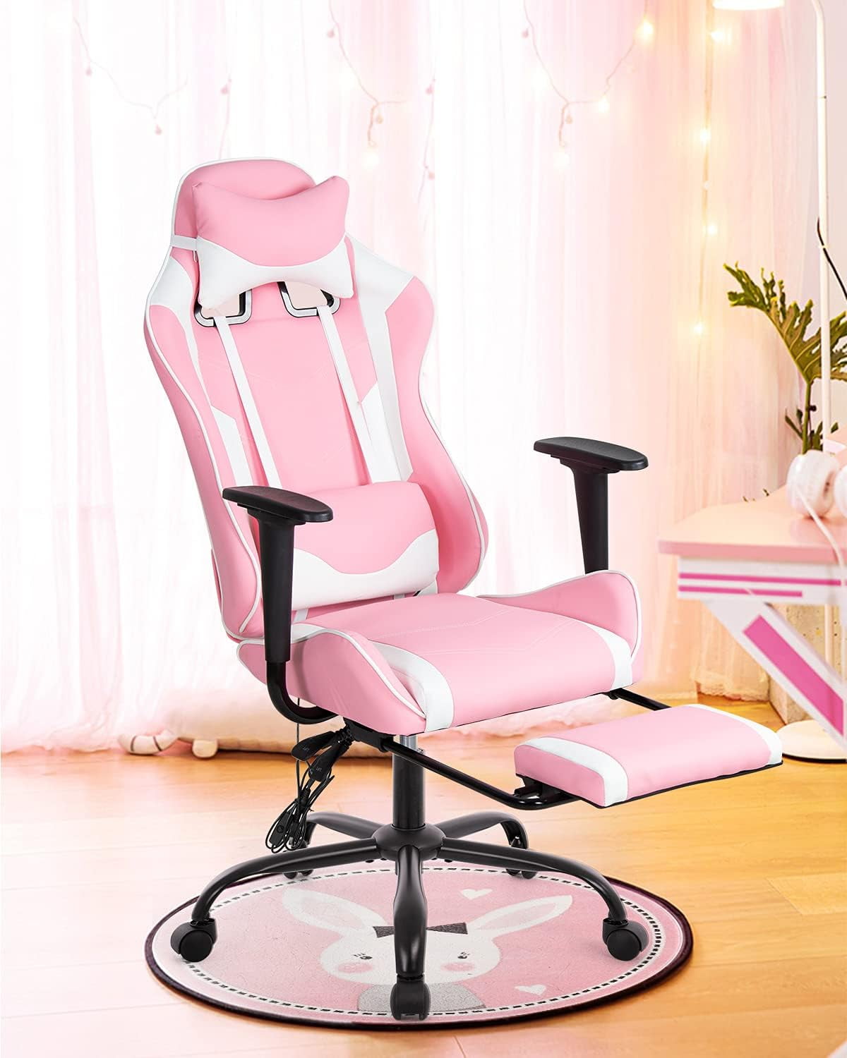 Gaming Chair Ergonomic Computer Chair with Footrest Massage Lumbar Support High Back PU Leather Adjustable Swivel Reclining Chair for Adults Pink