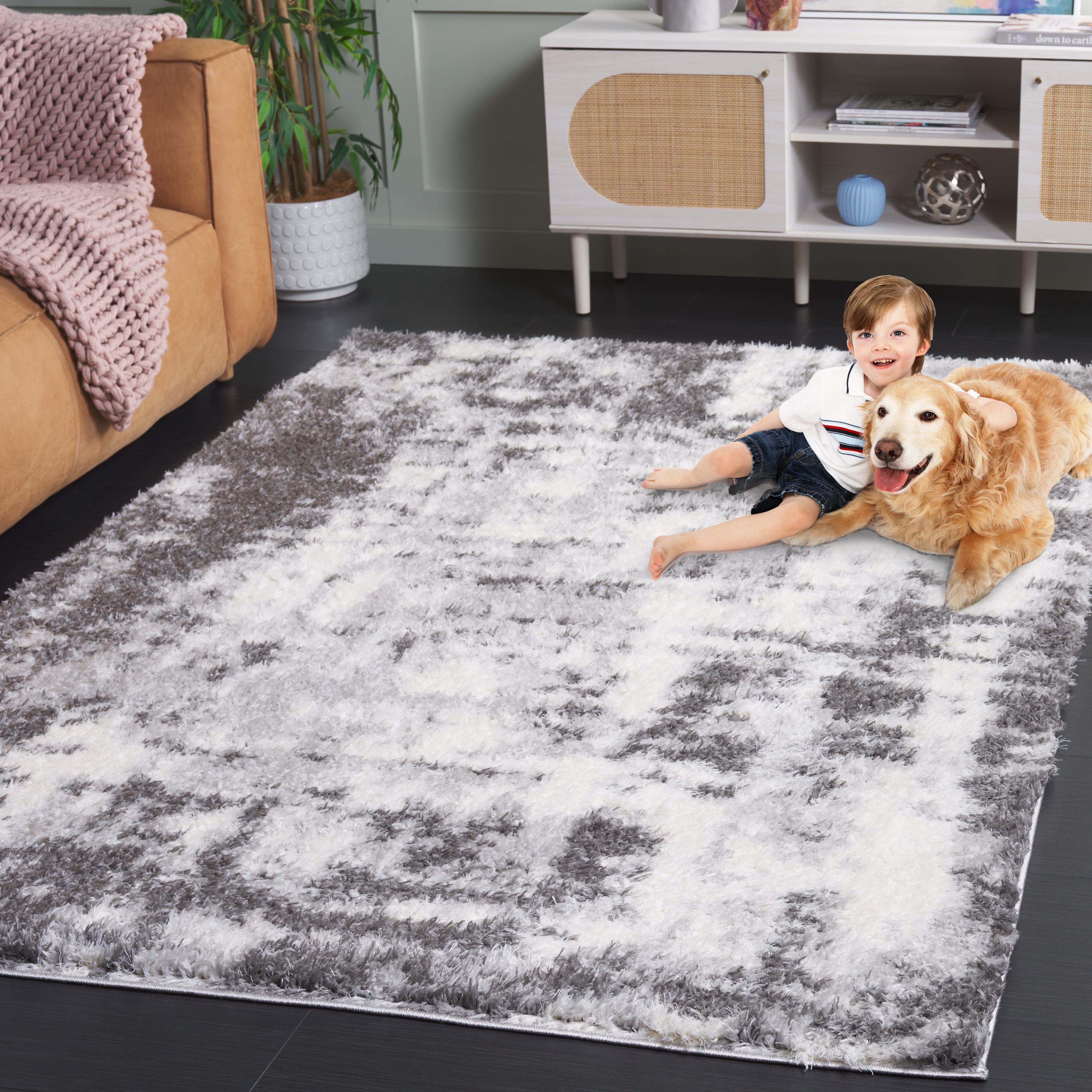 Safavieh Lindsay Rozanne Distressed Polyester Shag Area Rug, Dark Gray/Gray, 4' x 6'