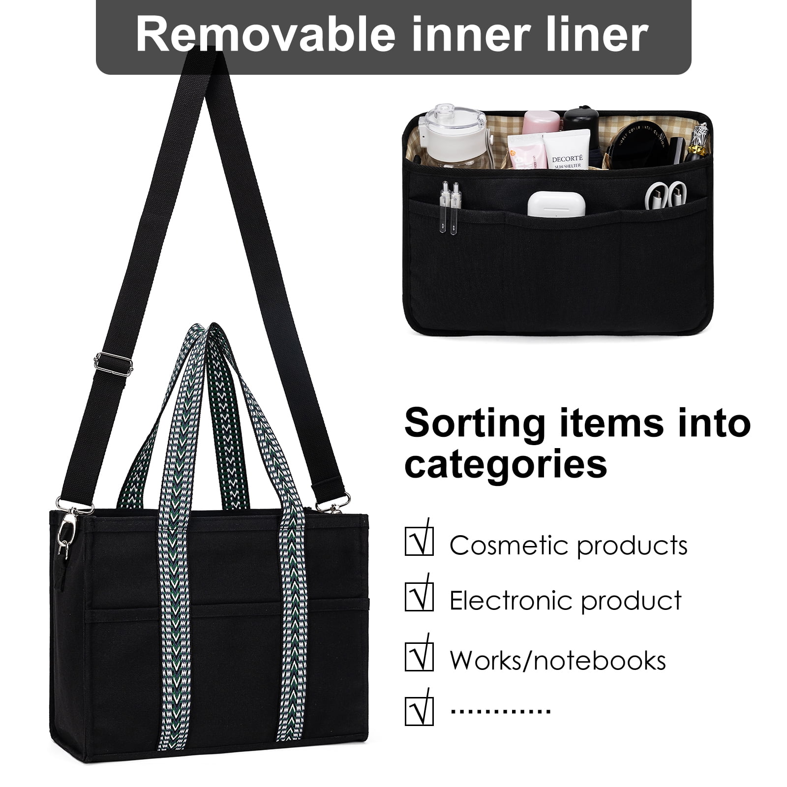 Canvas Tote bag with Multi-Pocket, Kabaqoo Tote Handbag Shoulder Bag with Zipper, Black