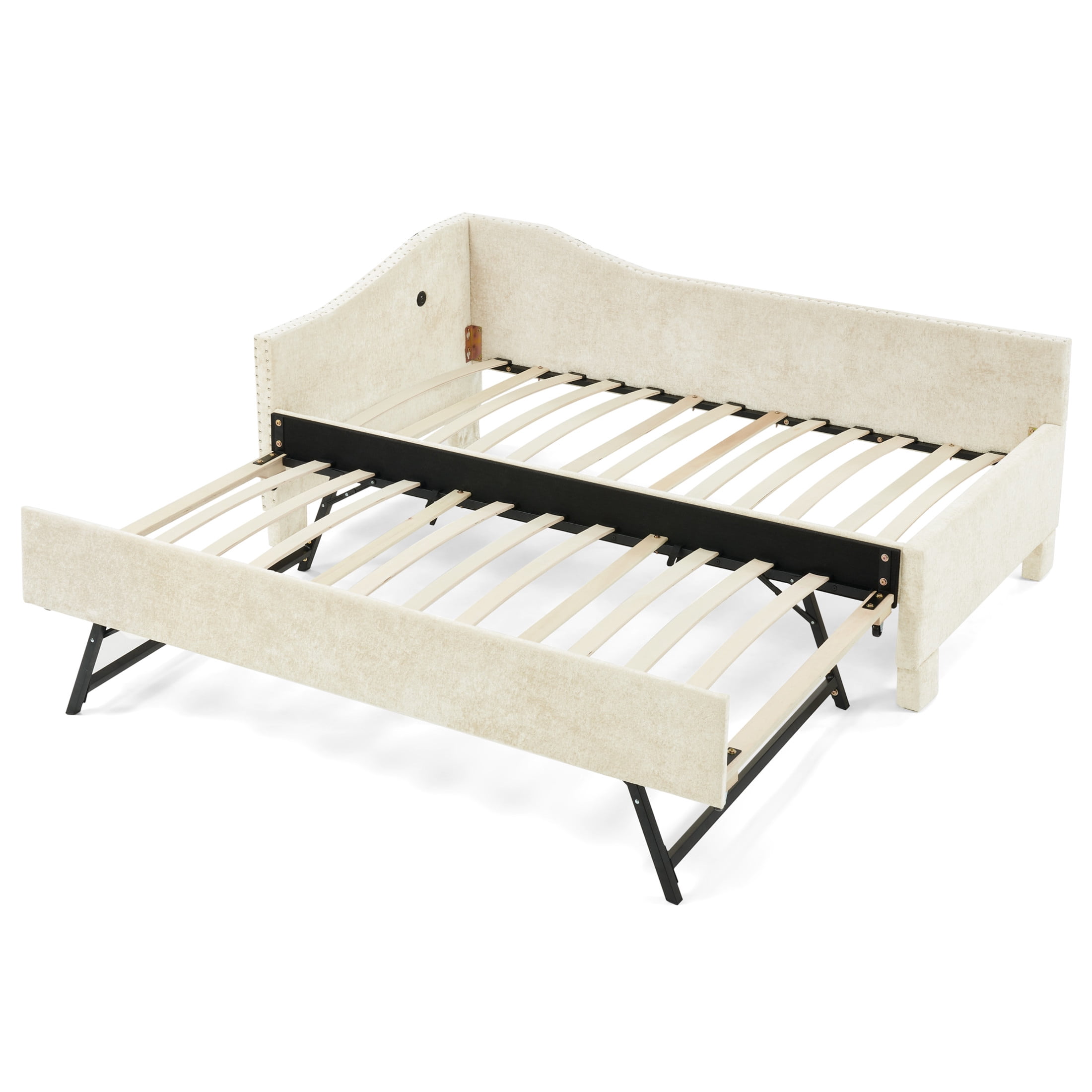 Noble House Phineas Full Size Chenille Padded Daybed, Sofa Bed Frame with Twin Trundle and Charging Port, Beige