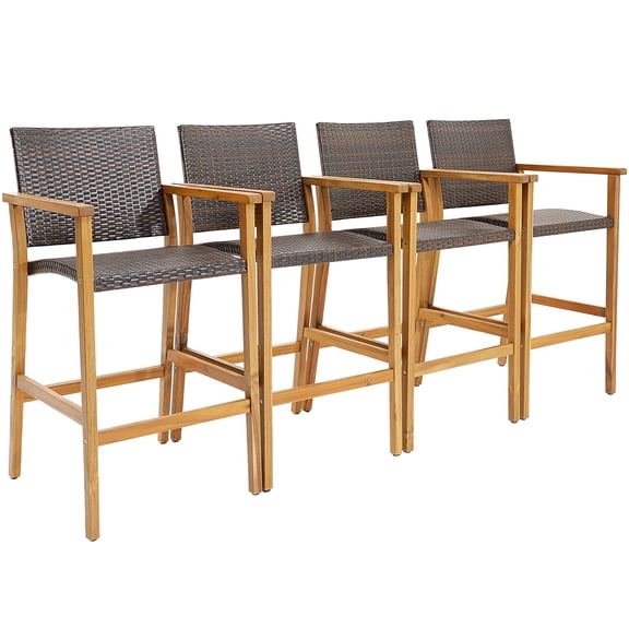 Costway 4PCS Patio PE Wicker Bar Chairs Height Barstools with Acacia Wood Armrests Balcony