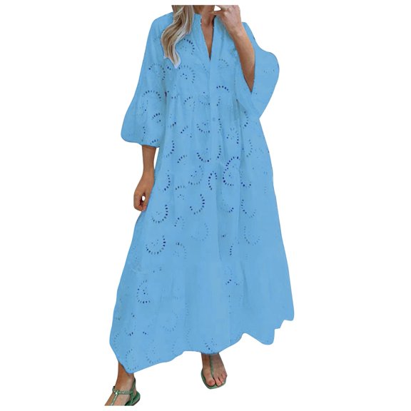 XINSDOAKK Maxi Dress for Women Wedding Guest Womens Lace Embroidered Eyelet Maxi Dresses Button V Neck Flowy Swing Hem Tiered A Line Dress (Blue,XL)