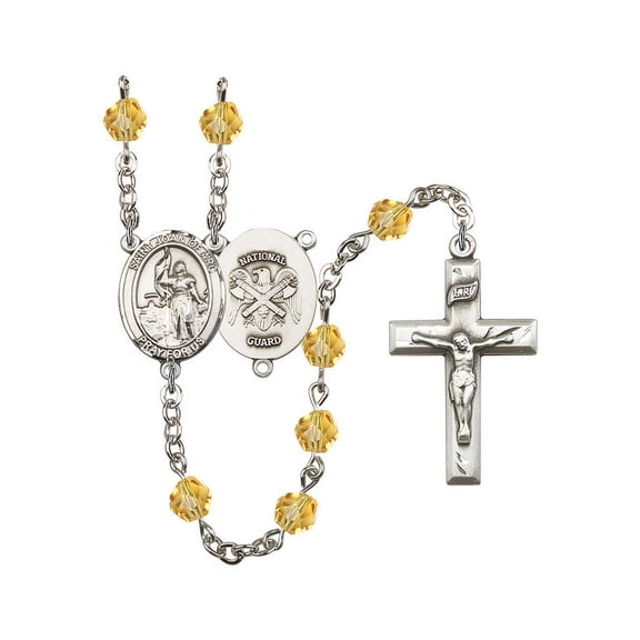 St. Joan of Arc / Nat'l Guard Silver-Plated Rosary 6mm November Yellow Fire Polished Beads Crucifix Size 1 3/8 x 3/4 medal
