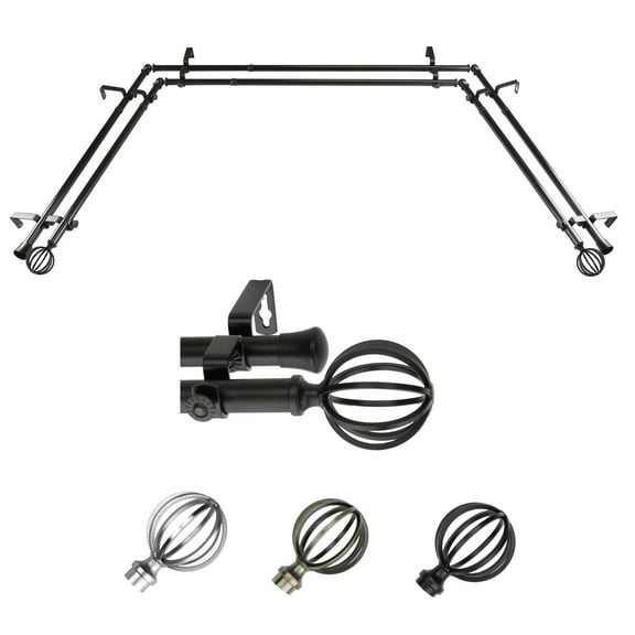 Gwen 13/16" Double Bay Window curtain rod Adjustable 20"-36", 38"-72" - Black,(ABay-62-2D)
