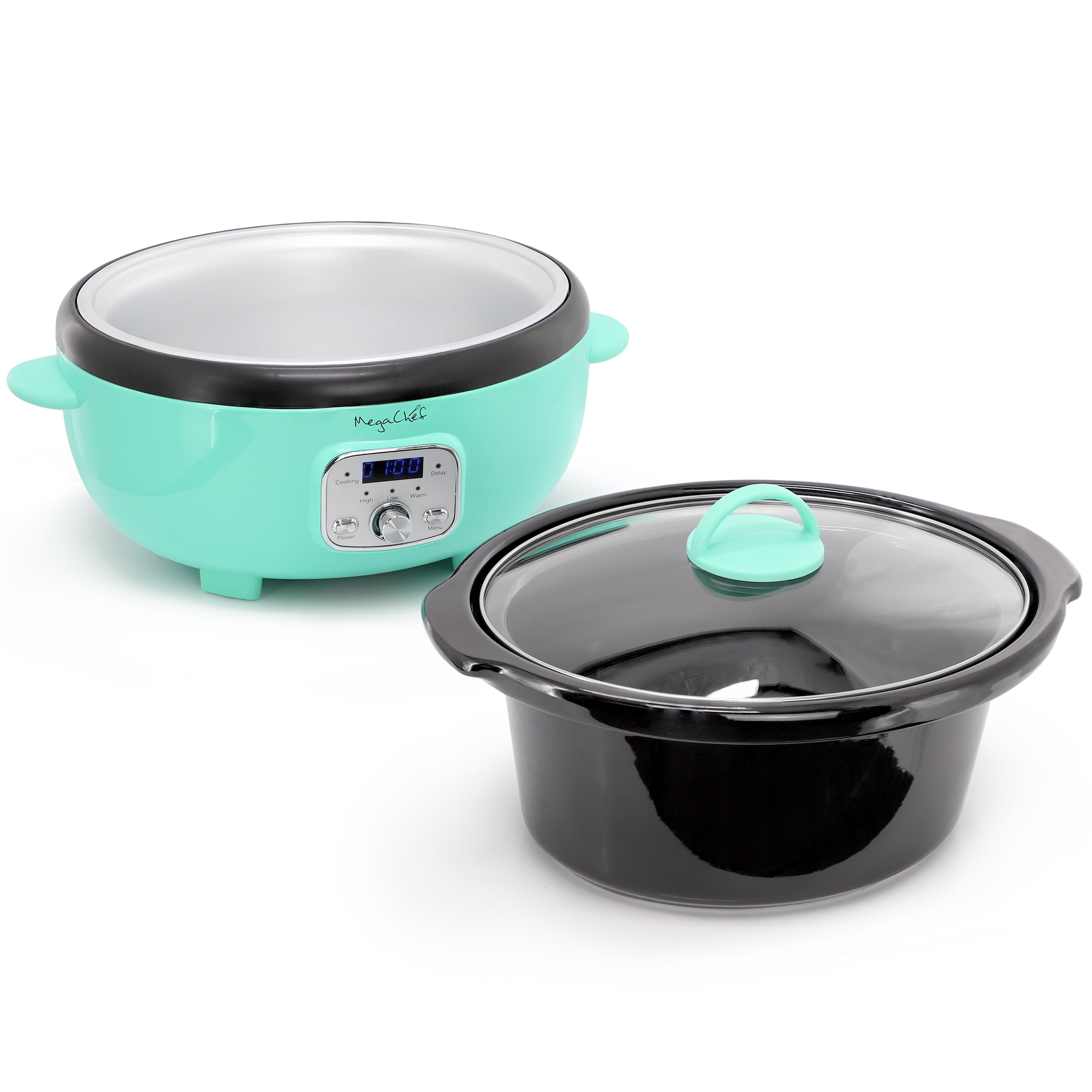 MegaChef 6.5 Quart Oval Electric Slow Cooker in Turquoise with Black Pot