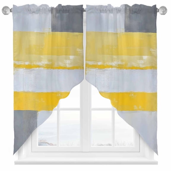 Yellow Gray Brush Swag Curtain Valance for Windows, Abstract Geometric Window Treatments Short Swag Topper for Kitchen Windows Bathroom Bedroom, 36"x63"