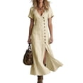 thumbnail image 2 of YuXingFu Womens Cotton Dresses with Sleeves Maxi V-Neck Plus Size Womens Dress Short Sleeve Solid Color Slim Fit Long Casual Summer Beige M, 2 of 6