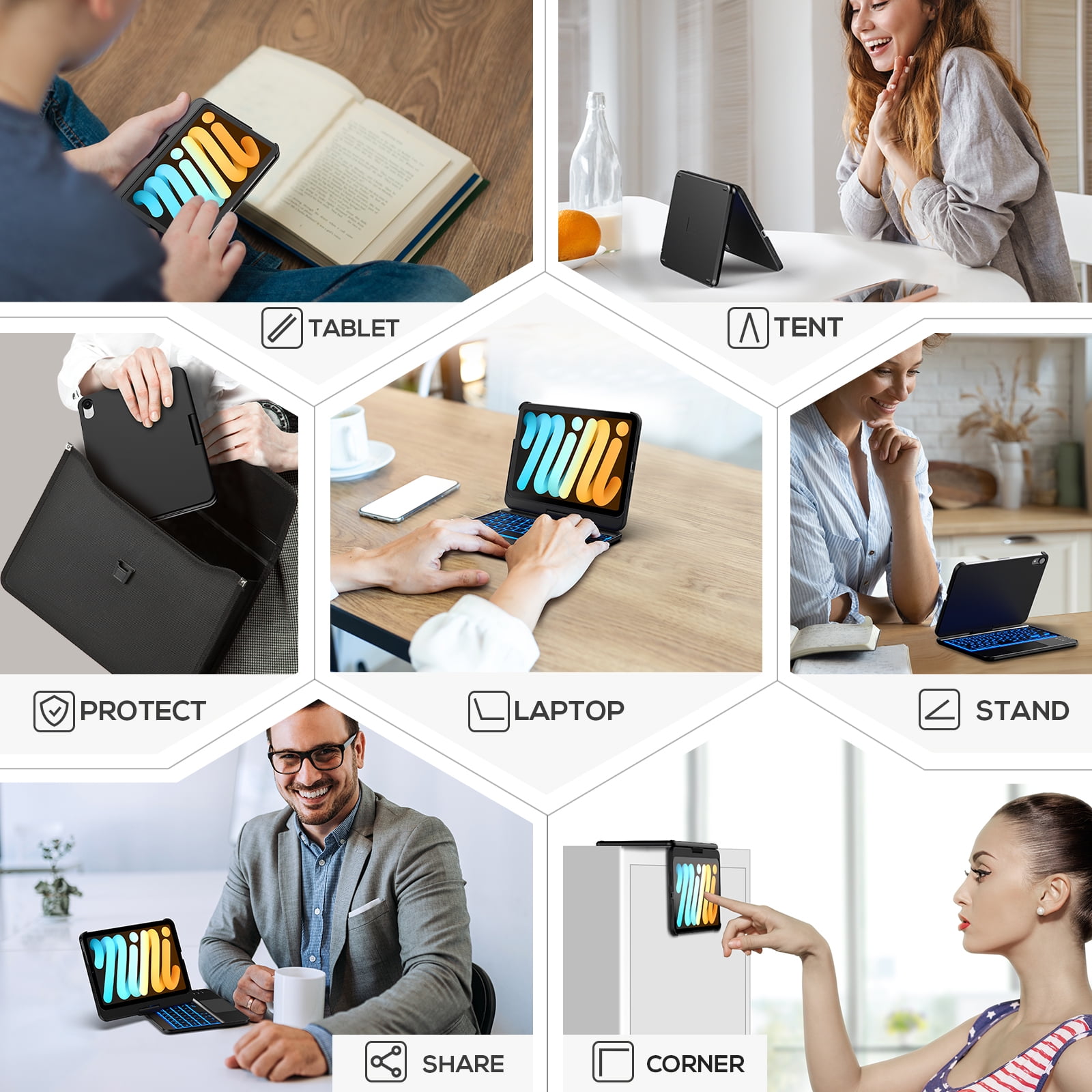 typecase Touch Keyboard Case for iPad Mini 8.3-inch 7th Gen(A17 Pro, 2024) & iPad Mini 6th Gen 2021, 11 Colors Backlit, 360 Rotating Protective Cover, Slim Wireless with Pencil Holder (Black)